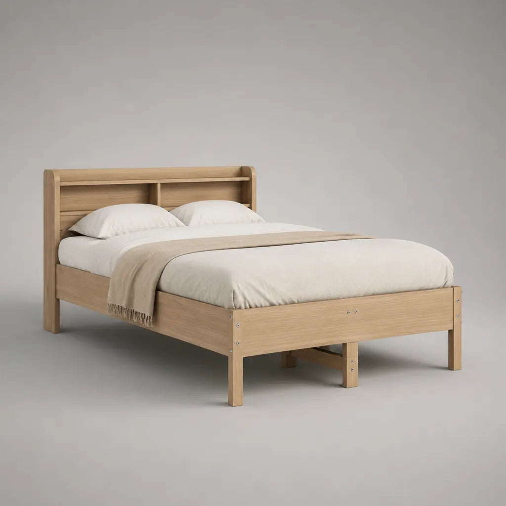 Doppelbett aus massivem Kiefernholz mit Regal-Kopfteil und Lattenrost, Liegefläche 160 × 200 cm, Naturholz
