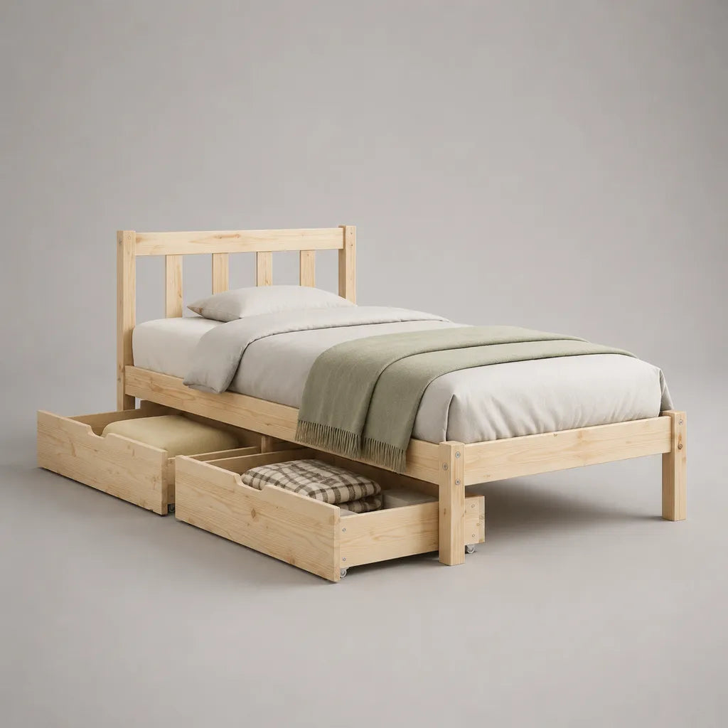 Einzelbett mit 2 Schubladen aus massivem Kiefernholz, Natur, 98 x 208 x 90 cm, Liegefläche 90 x 200 cm
