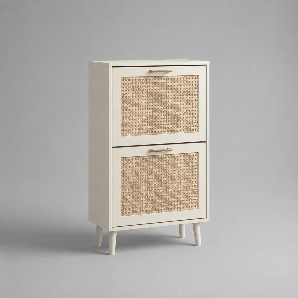 Schuhschrank aus MDF und Rattangeflecht mit 2 Kippfächern, Creme und Beige, 60 × 24 × 110 cm