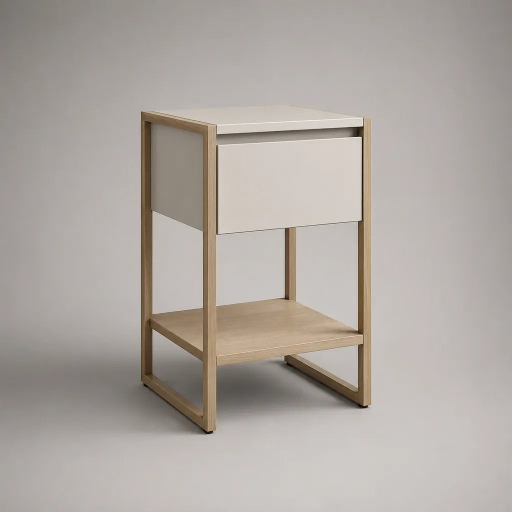Rechteckiger Nachttisch mit Schublade und Ablage aus MDF und Kiefernholz, Weiß/Natur, 40 × 35 × 60 cm