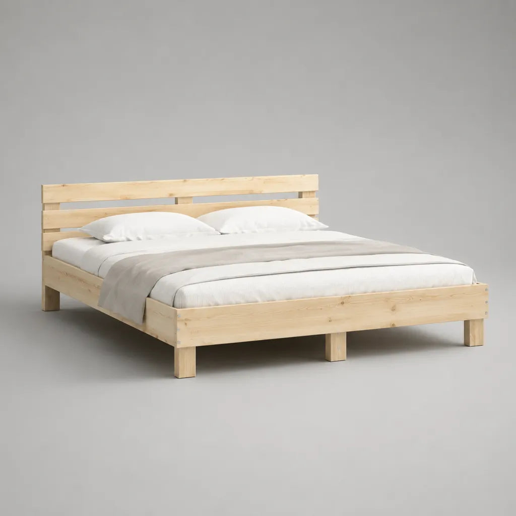 Doppelbettgestell mit Lattenrost und Kopfteil aus massivem Kiefernholz, Naturholz/Hellbeige, 160 × 200 cm