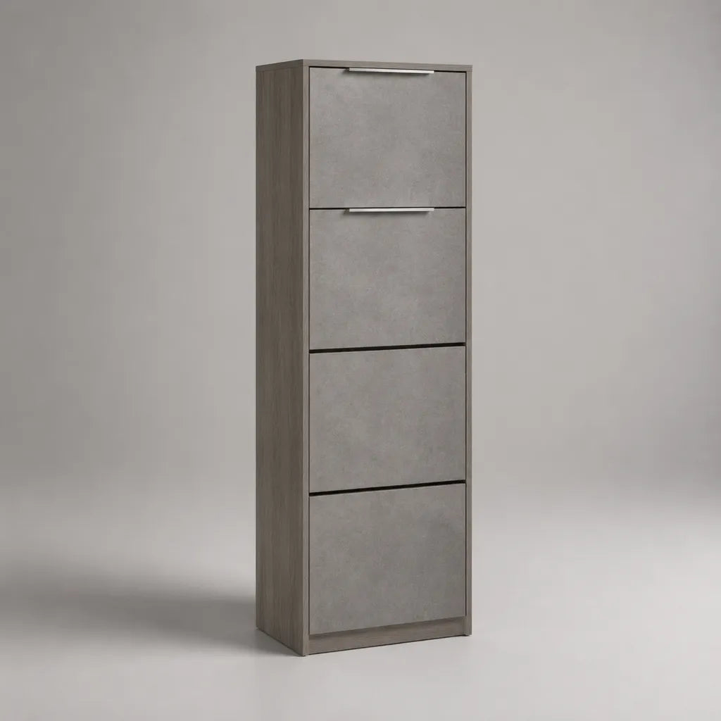 Schuhschrank mit 4 Klappen aus melaminbeschichteter Spanplatte, Betongrau/Grau, 50 × 25 × 160 cm