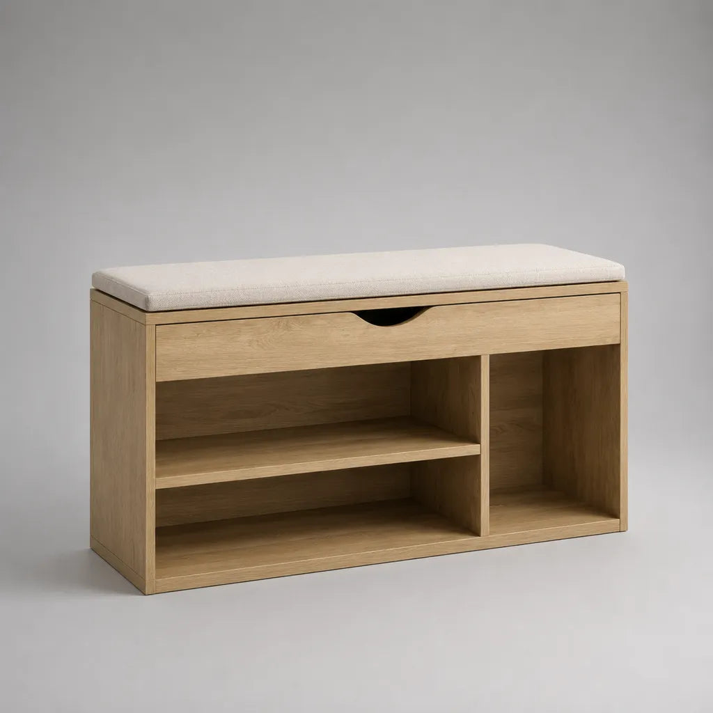 Schuhschrank mit Sitzbank, Schublade und Sitzkissen aus Spanplatte mit Eichedekor, Natur-Eiche und Cremeweiß, 100 × 35 × 55 cm