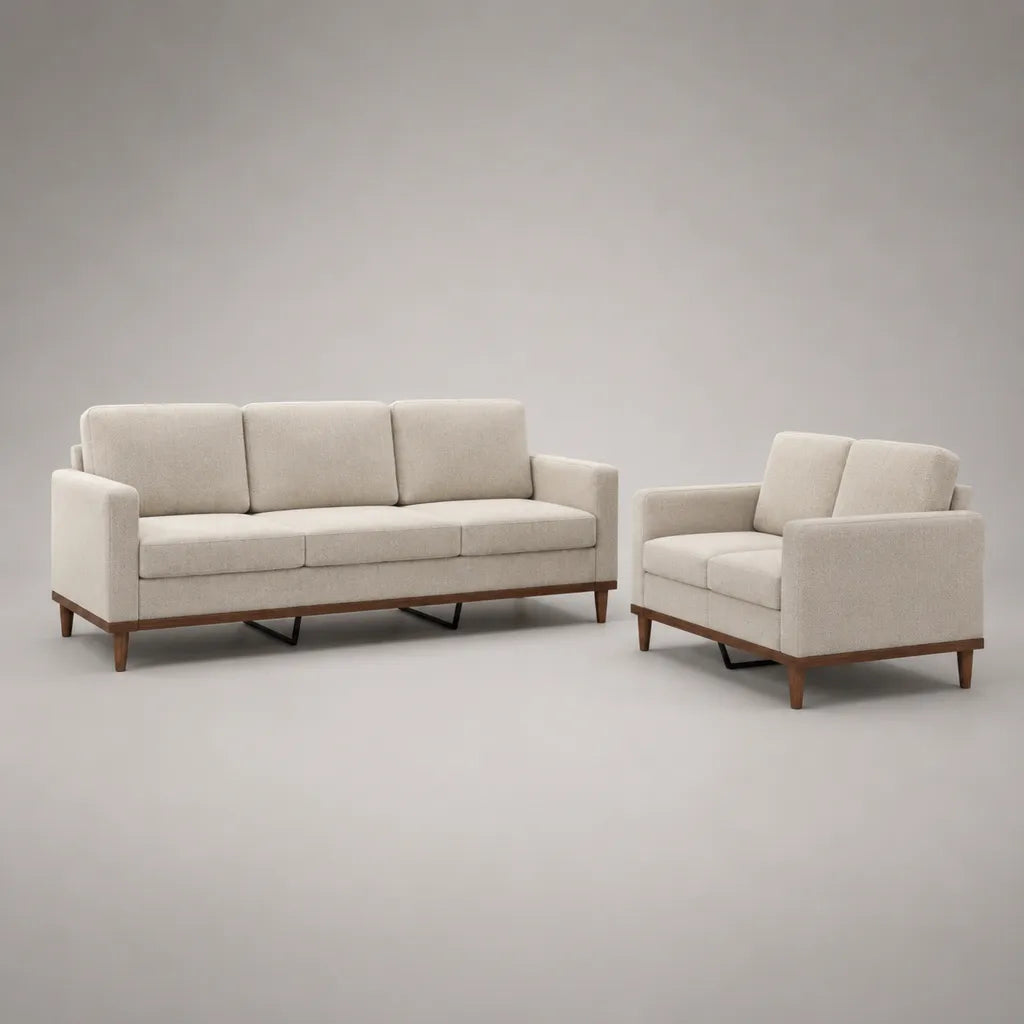 2-teiliges Stoff-Sofa-Set mit 3-Sitzer und 2-Sitzer, Holz- und Metallgestell, Beige, 205 × 82 × 85 cm und 130 × 82 × 85 cm