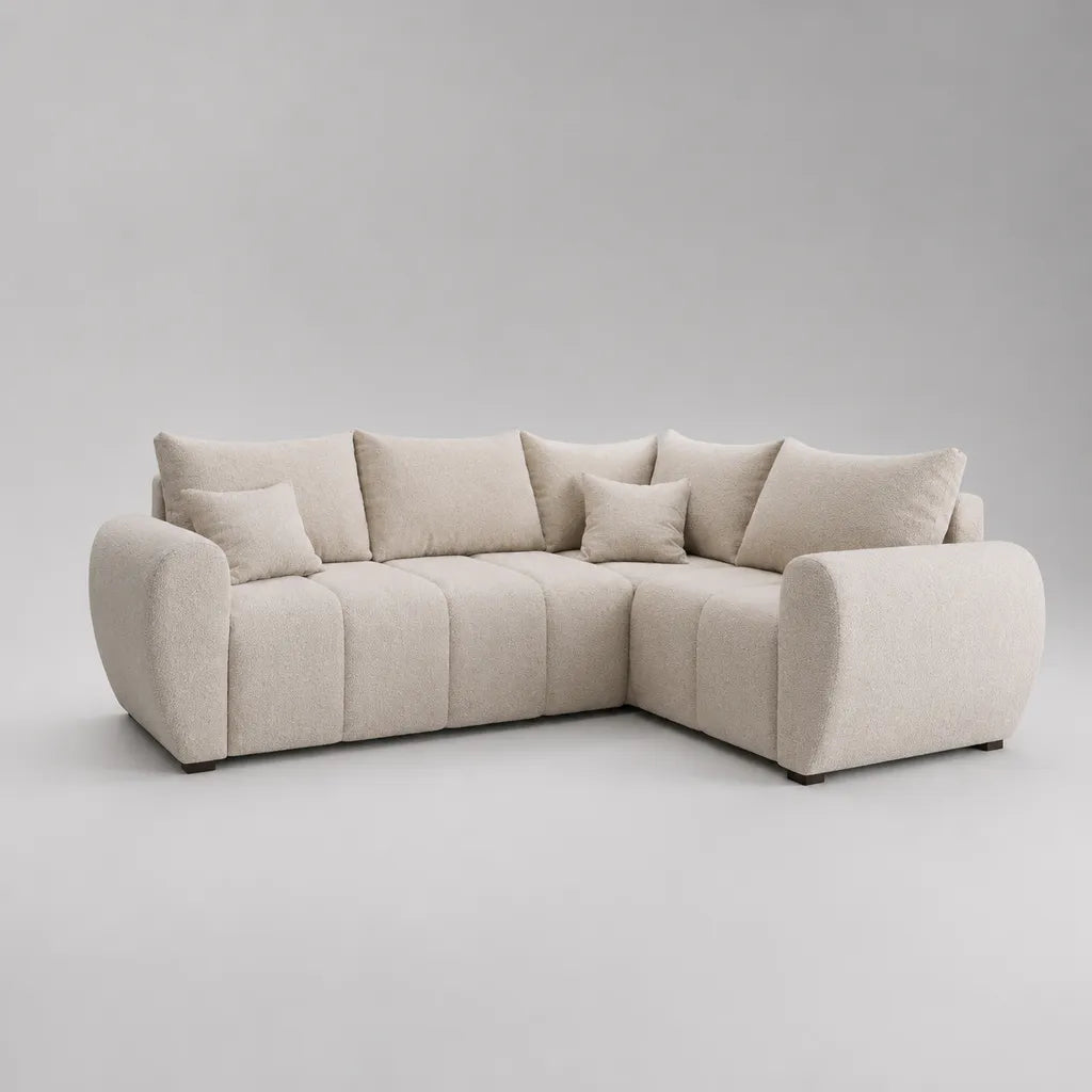 Ecksofa, 4-Sitzer in L-Form mit Ottomane rechts, Polyester-Bouclé, Cremeweiß, 270 × 180 × 88 cm