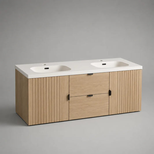 Wandhängendes Waschtischunterschrank-Set mit Doppelwaschbecken, MDF mit Eichenfurnier und Mineralguss, Eiche natur/Weiß, 150 × 50 × 55 cm