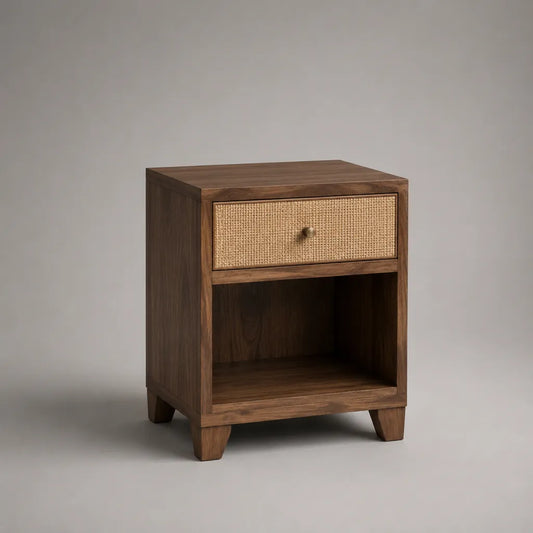 Nachttisch aus massivem Mangoholz mit Rattanfront, Schublade und Ablagefach, Dunkelbraun, 45 × 40 × 60 cm