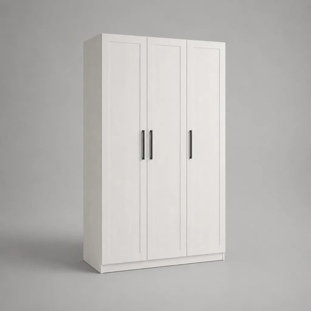 Kleiderschrank mit 3 Drehtüren aus MDF und Spanplatte, Weiß mit schwarzen Griffen, 120 × 50 × 180 cm