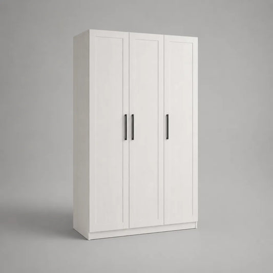 Kleiderschrank mit 3 Drehtüren aus MDF und Spanplatte, Weiß mit schwarzen Griffen, 120 × 50 × 180 cm