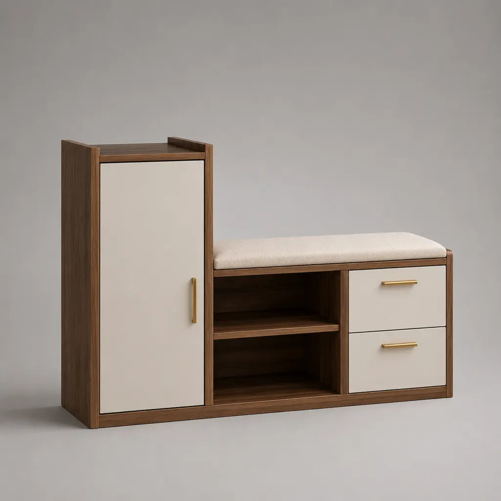 Schuhschrank aus Spanplatte mit Sitzbank, Tür, 2 Schubladen und 2 offenen Fächern, Braun und Cremeweiß, 120 × 35 × 90 cm