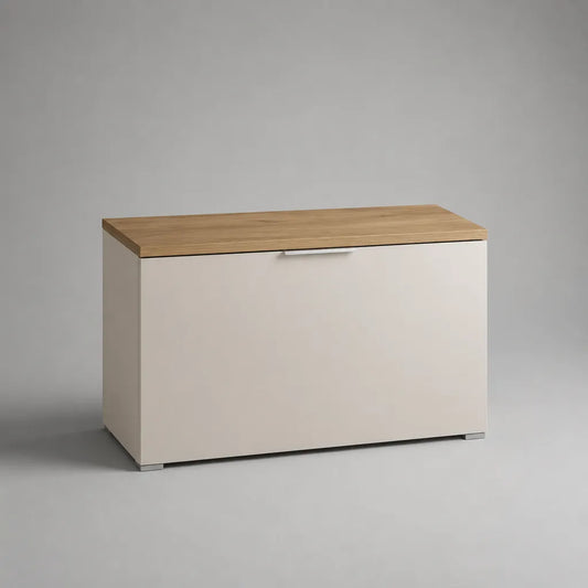 Rechteckiger Schuhschrank mit Klappe aus melaminharzbeschichteter Spanplatte, Weiß/Eiche, 80 × 35 × 50 cm