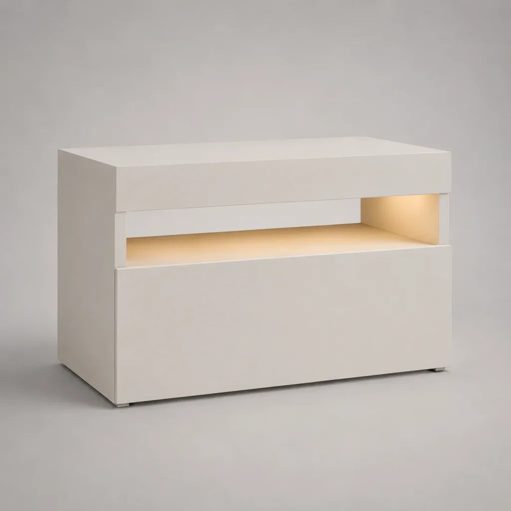 Nachttisch aus MDF mit LED-Beleuchtung, 2 Schubladen und offenem Fach, Weiß, 60 × 40 × 50 cm