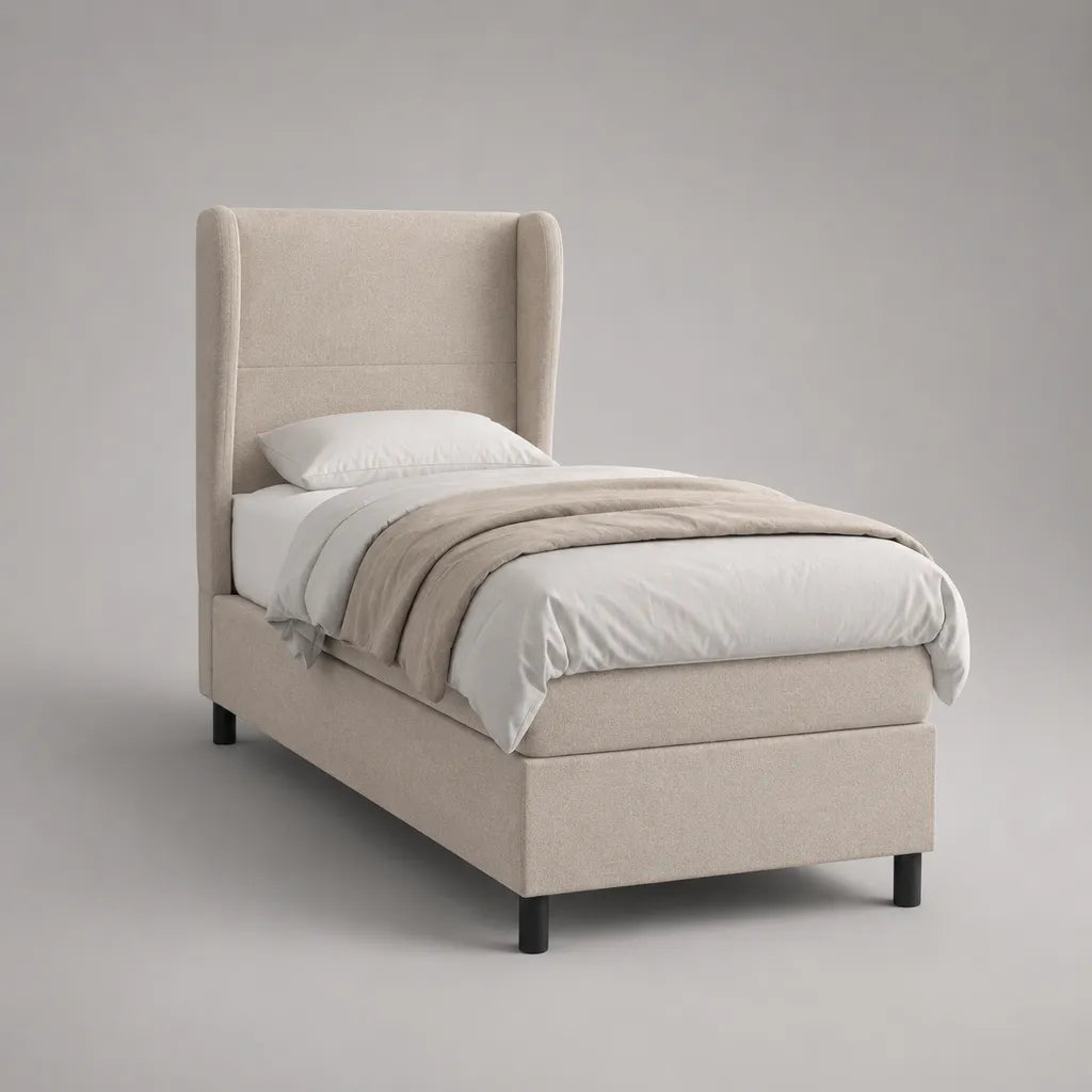 Polsterbett Einzelbett mit Flügelkopfteil, Bouclé-Stoff, Creme, Liegefläche 90 × 200 cm