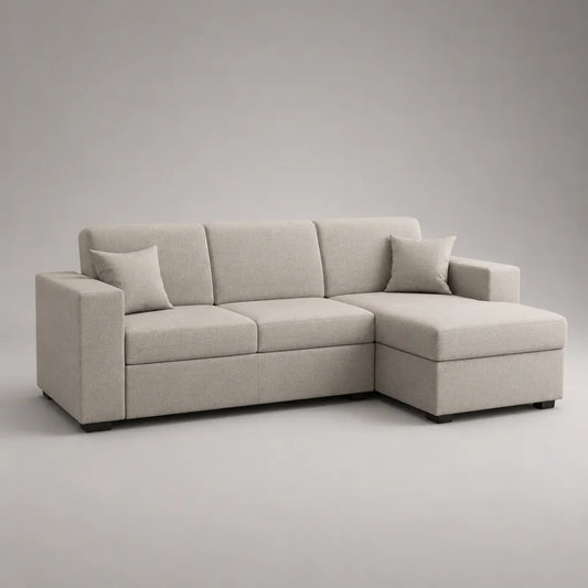 Ecksofa 3-Sitzer mit Ottomane rechts, Polyesterbezug, Schaumstoffpolsterung, L-Form, Beige, 236 × 150 × 87 cm