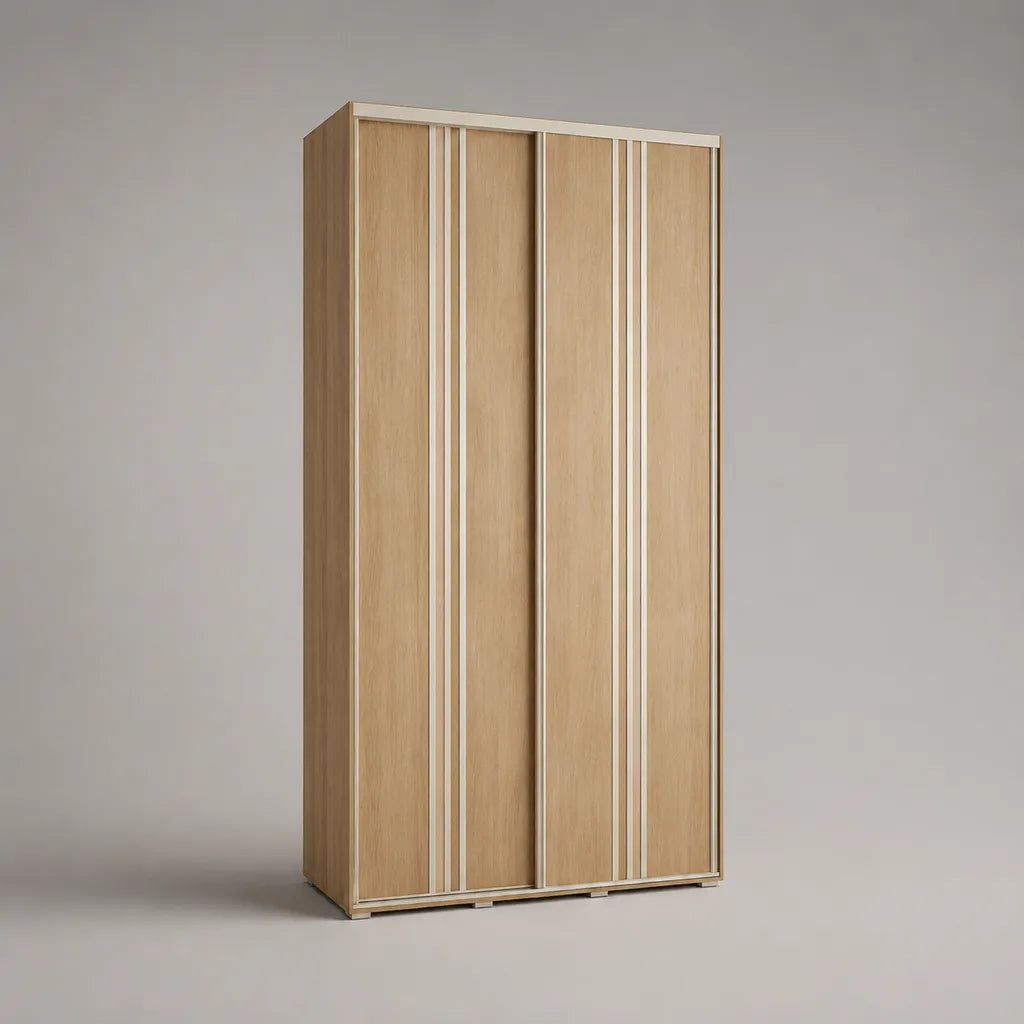 Kleiderschrank mit 2 Schiebetüren aus melaminbeschichteter Spanplatte, Eiche natur/Weiß, 120 × 60 × 200 cm