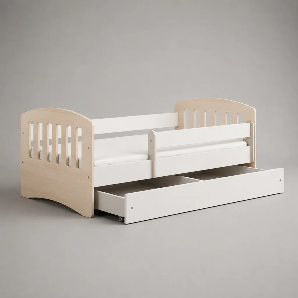 Kinderbett mit Rausfallschutz und Rollschublade aus Birke-Multiplex und MDF, Weiß/Natur, Liegefläche 80 x 160 cm, Gesamtmaß 166 x 87 x 82 cm