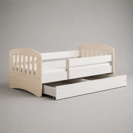 Kinderbett mit Rausfallschutz und Rollschublade aus Birke-Multiplex und MDF, Weiß/Natur, Liegefläche 80 x 160 cm, Gesamtmaß 166 x 87 x 82 cm