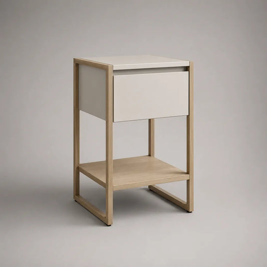 Rechteckiger Nachttisch mit Schublade und Ablage aus MDF und Kiefernholz, Weiß/Natur, 40 × 35 × 60 cm