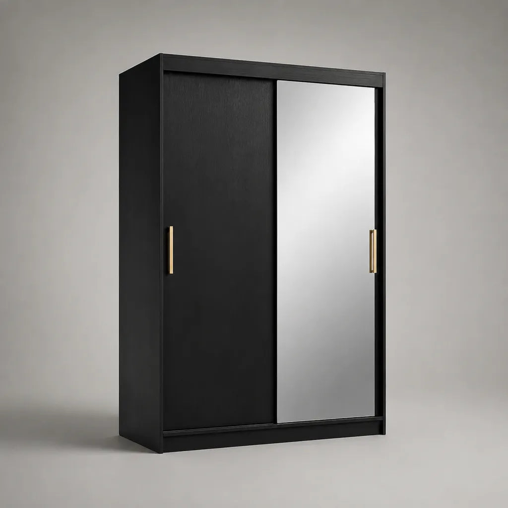Kleiderschrank mit 2 Schiebetüren und Spiegel aus melaminbeschichteter Spanplatte, Schwarz und Goldfarben, 120 × 60 × 200 cm