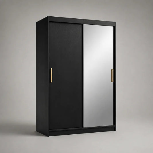 Kleiderschrank mit 2 Schiebetüren und Spiegel aus melaminbeschichteter Spanplatte, Schwarz und Goldfarben, 120 × 60 × 200 cm