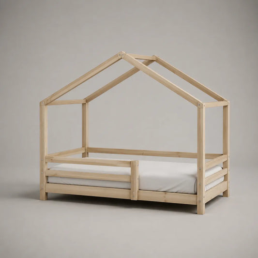 Kinderhausbett 90 × 200 cm aus massivem Kiefernholz in Hausform, Naturholz, mit Lattenrost und Rausfallschutz