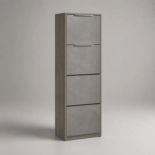 Schuhschrank mit 4 Klappen aus melaminbeschichteter Spanplatte, Betongrau/Grau, 50 × 25 × 160 cm