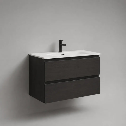 Wandhängendes Waschtisch-Set aus MDF mit Keramikwaschbecken und Metallarmatur, 80 × 46 × 60 cm, Schwarz und Weiß