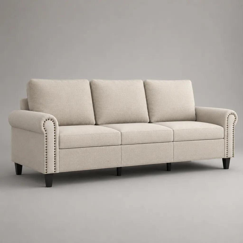 3-Sitzer-Sofa mit Polyesterbezug und Schaumstoffpolsterung, Beige, 210 × 84 × 88 cm