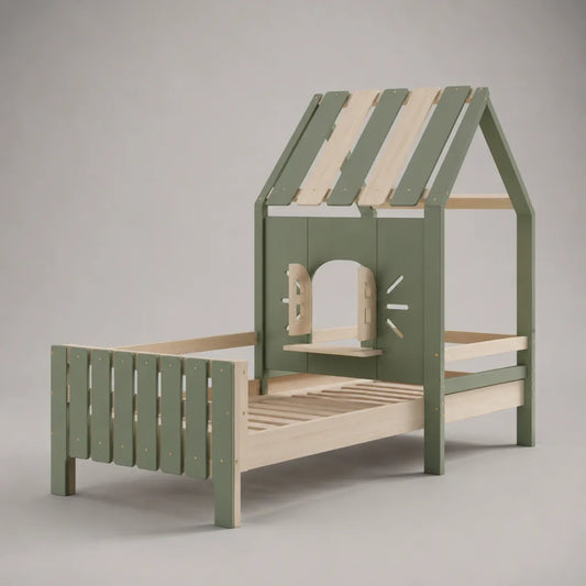 Kinder-Hausbett aus Holz mit Lattenrost, Rausfallschutz, Fenster und Ablage, Liegefläche 90 × 200 cm, Gesamtmaß 207 × 99 × 180 cm, Olivgrün/Natur
