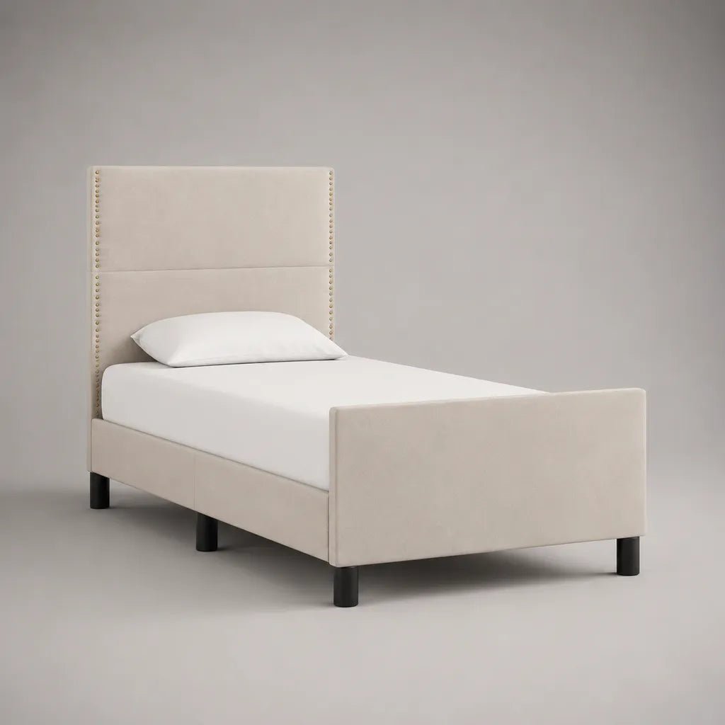 Polsterbett Einzelbett mit Polyester-Samtbezug, hohem Kopfteil und Fußteil, Beige, Liegefläche 90 × 200 cm, Gesamtmaß 214 × 100 × 120 cm