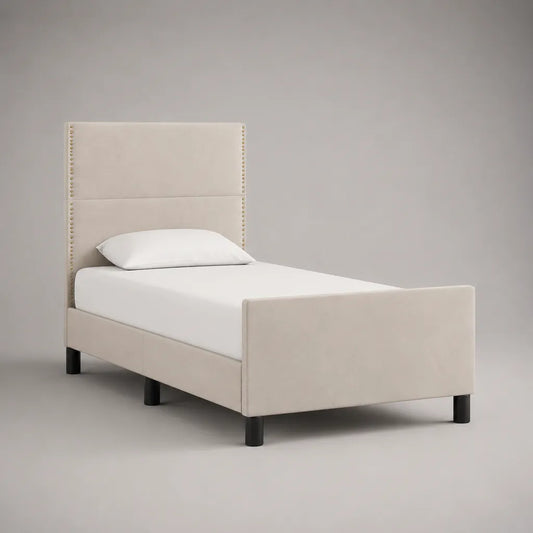 Polsterbett Einzelbett mit Polyester-Samtbezug, hohem Kopfteil und Fußteil, Beige, Liegefläche 90 × 200 cm, Gesamtmaß 214 × 100 × 120 cm