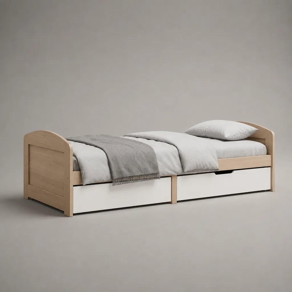Einzelbett mit 2 Schubladen aus massiver Kiefer und MDF, 90 × 200 cm, Natur und Weiß