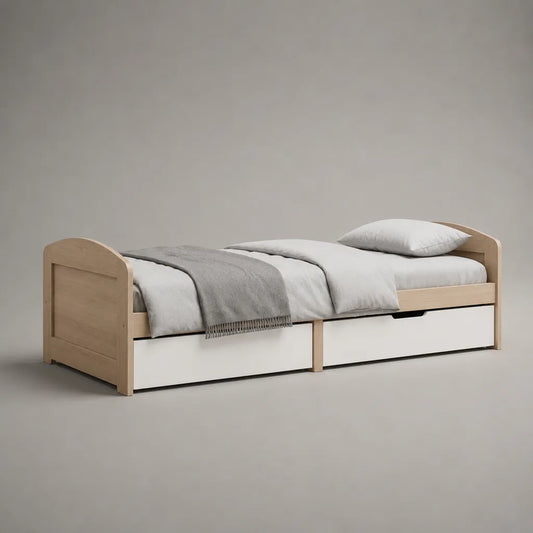 Einzelbett mit 2 Schubladen aus massiver Kiefer und MDF, 90 × 200 cm, Natur und Weiß